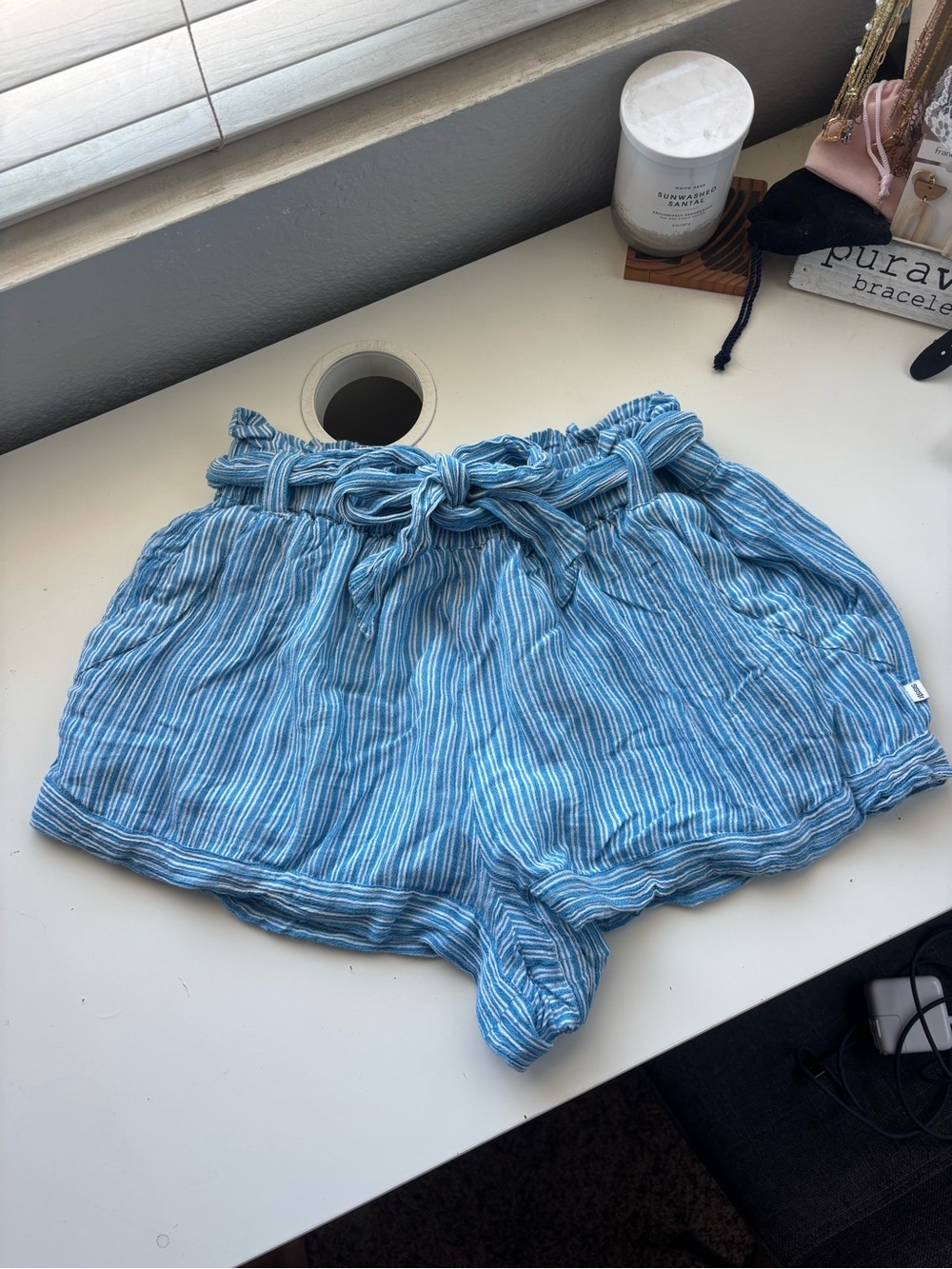 High-Waist Blue Striped Paperbag Shorts with Tie Belt